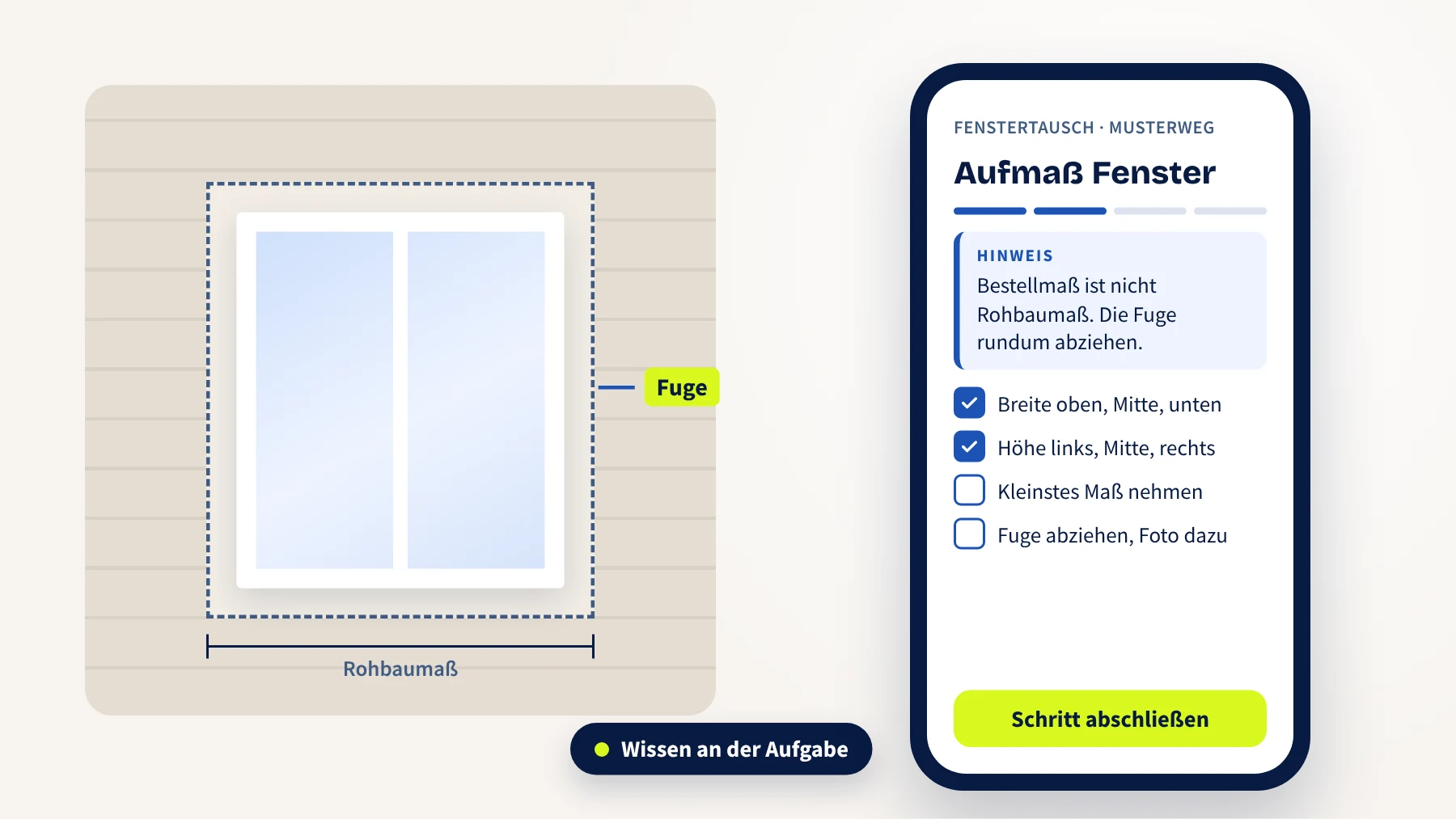Fenster in der Rohbauöffnung mit markierter Fuge und Rohbaumaß, daneben ein Smartphone mit dem Arbeitsschritt „Aufmaß Fenster“: Hinweis, dass die Fuge vom Rohbaumaß abgezogen wird, und eine Checkliste.