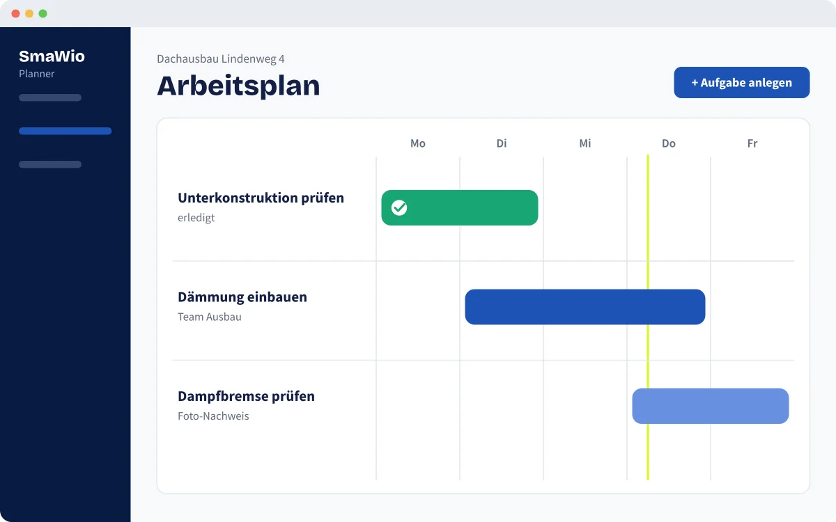 Vereinfachte Ansicht: Arbeitsplan im SmaWio Planner mit drei Aufgaben der Woche
